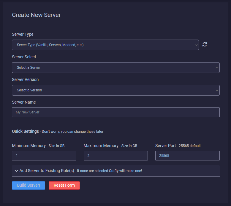 Crafty controller create a server